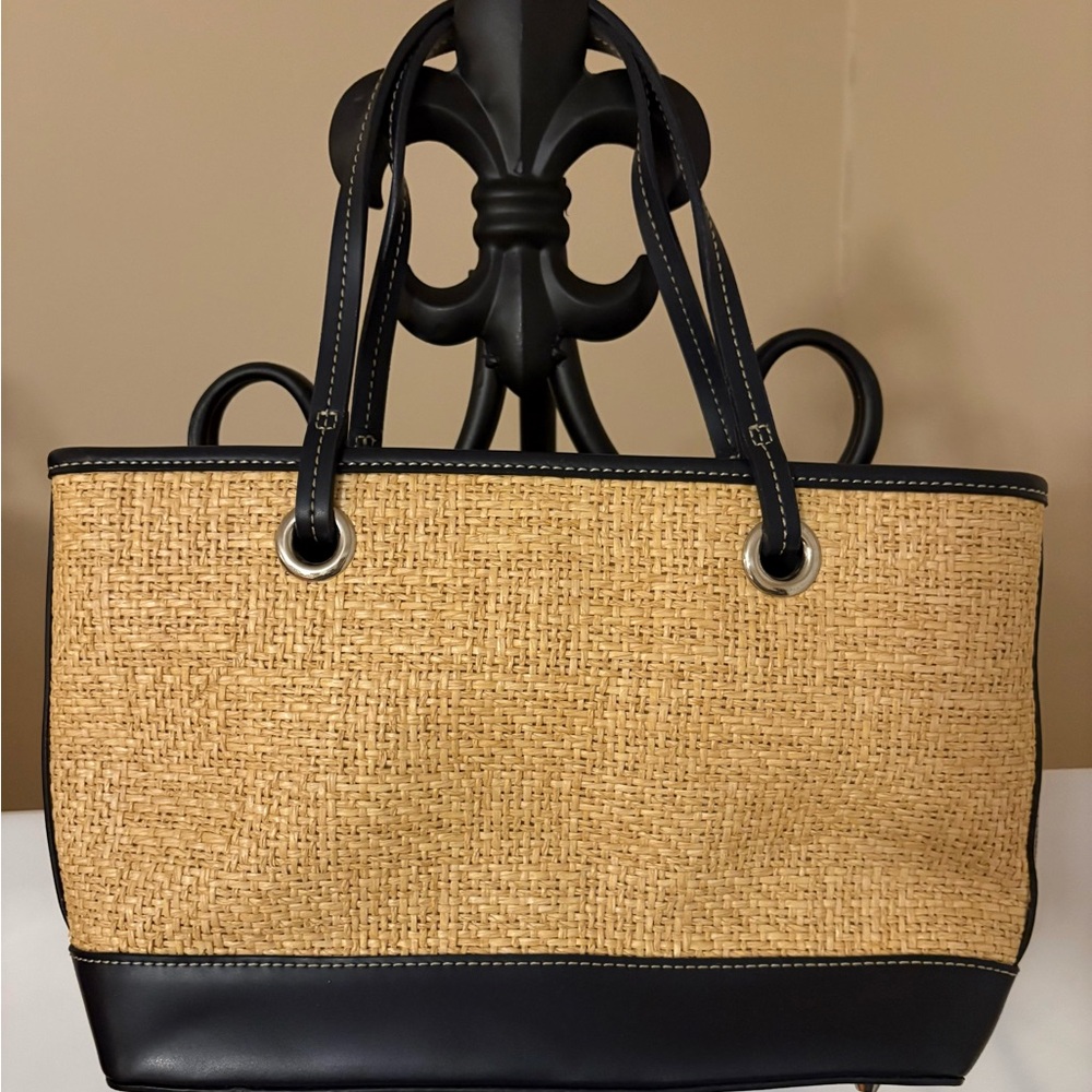 ANN TAYLOR LOFT Hand Painted Tweed Camel Color with Dark Trim Small Tote Bag - Picture 2 of 12